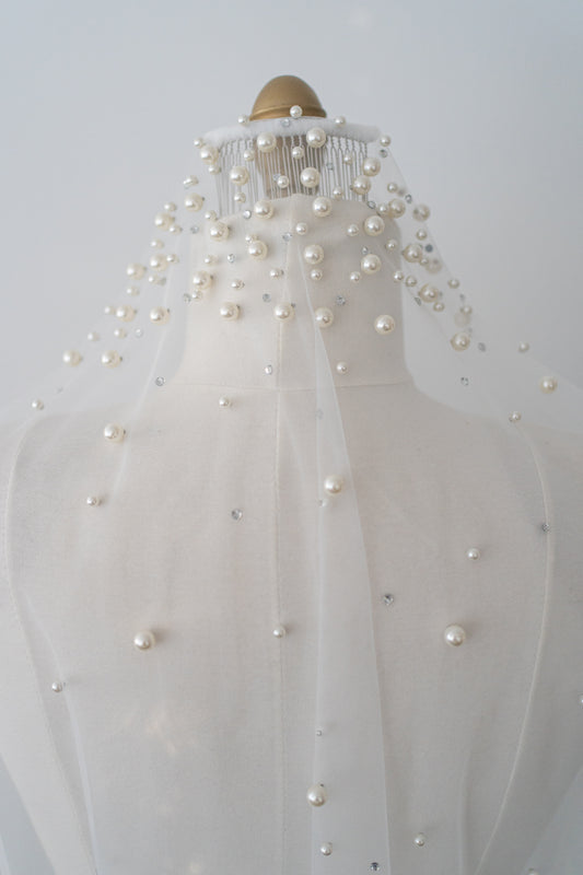 Daisy Cascading Pearl & Rhinestone Veil with Comb
