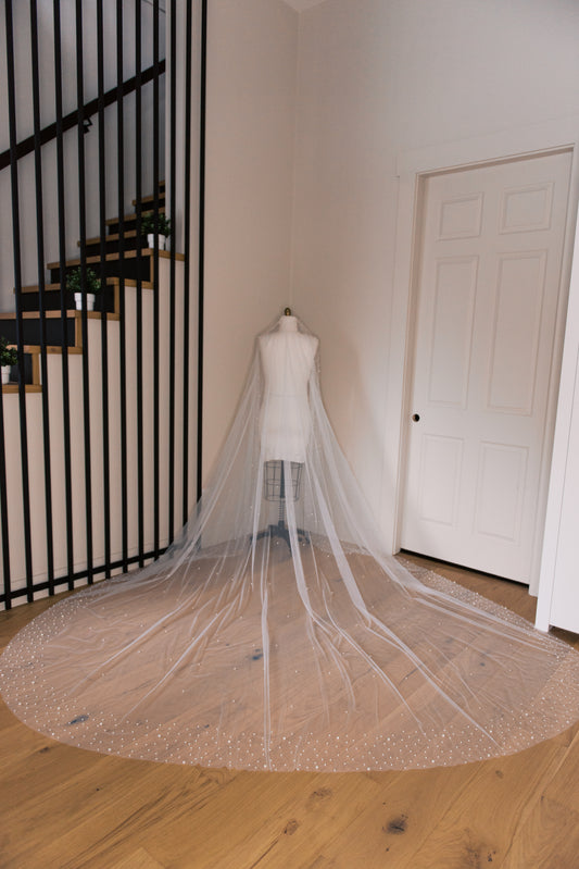 Zinnia Wide Edge Pearl Cathedral Length Veil with Comb