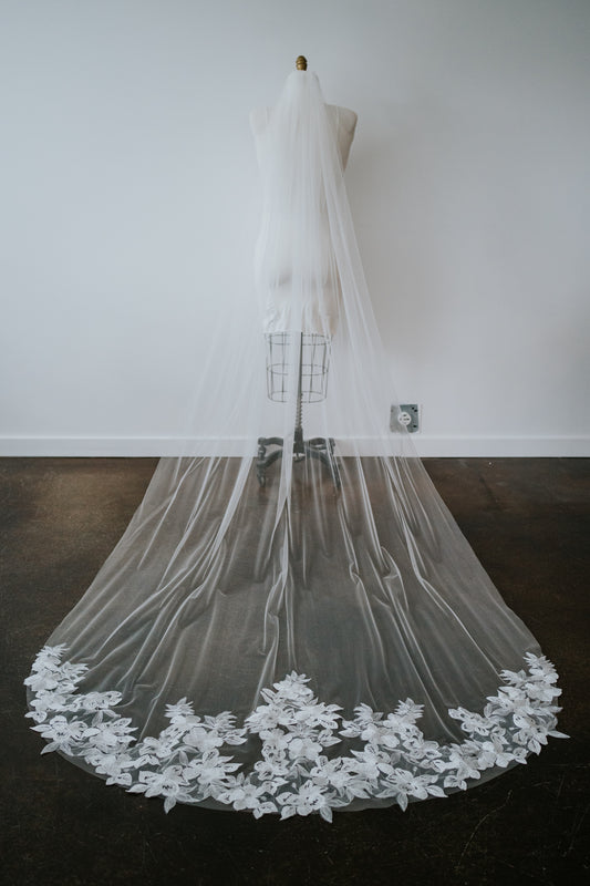 Beatrice Cathedral Length Bottom Lace Veil with Comb