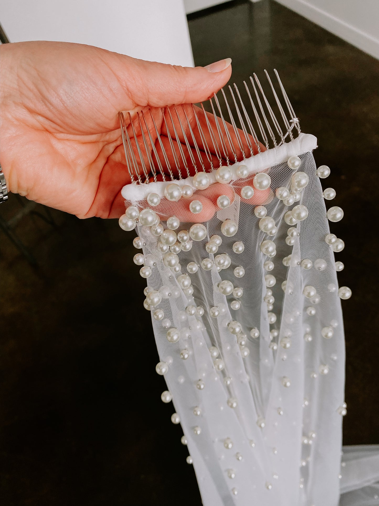 Hilton Cathedral Length Cascading Pearl Veil with Comb